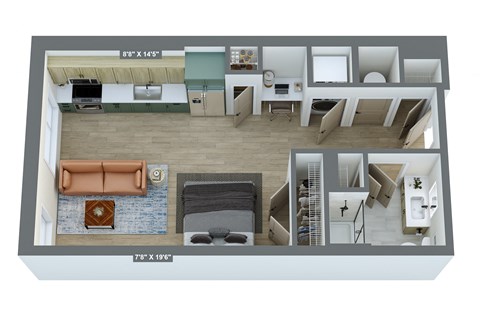 a 3d floor plan of an apartment with a bedroom and a living room